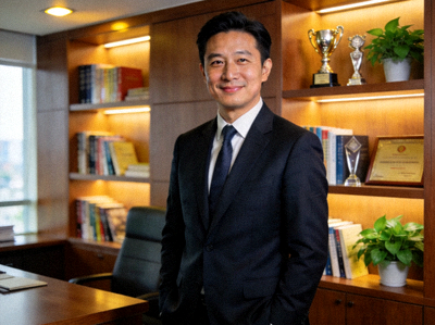 华体会创始人兼CEO张明哲先生半身照，背景为办公室书架
