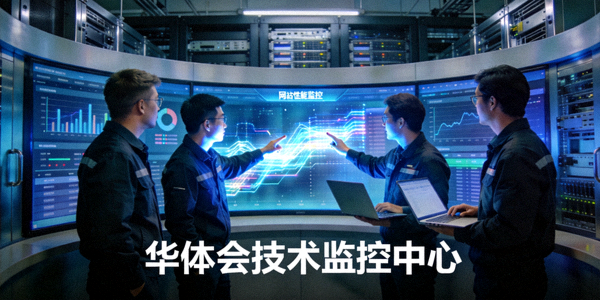华体会技术团队正在大屏幕前监控实时数据流与网站性能，确保服务稳定