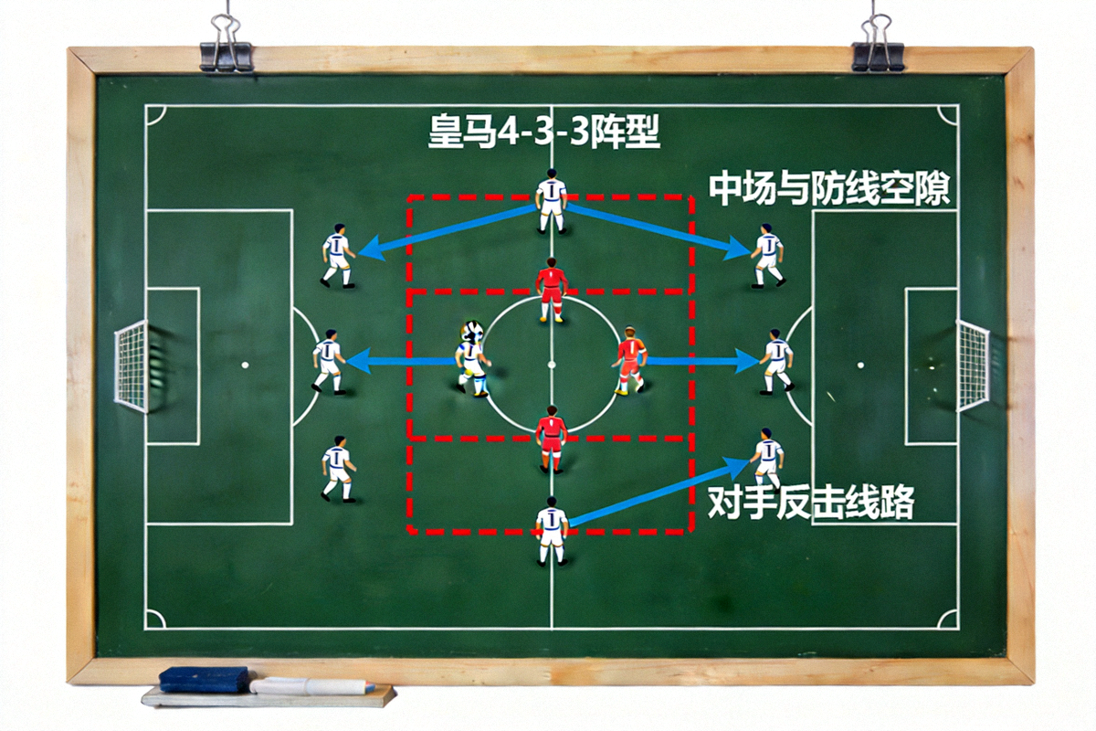 战术分析板显示皇马4-3-3阵型在中场与防线之间暴露出巨大空隙，对手反击线路清晰