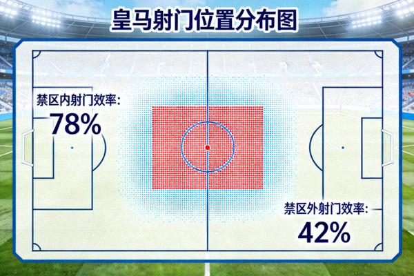 射门位置分布图，显示皇马禁区内射门效率更高
