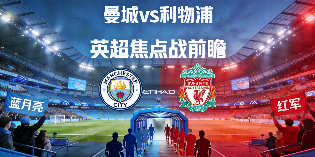 曼城对阵利物浦英超焦点战赛事前瞻封面图，展示两队队徽与伊蒂哈德球场氛围