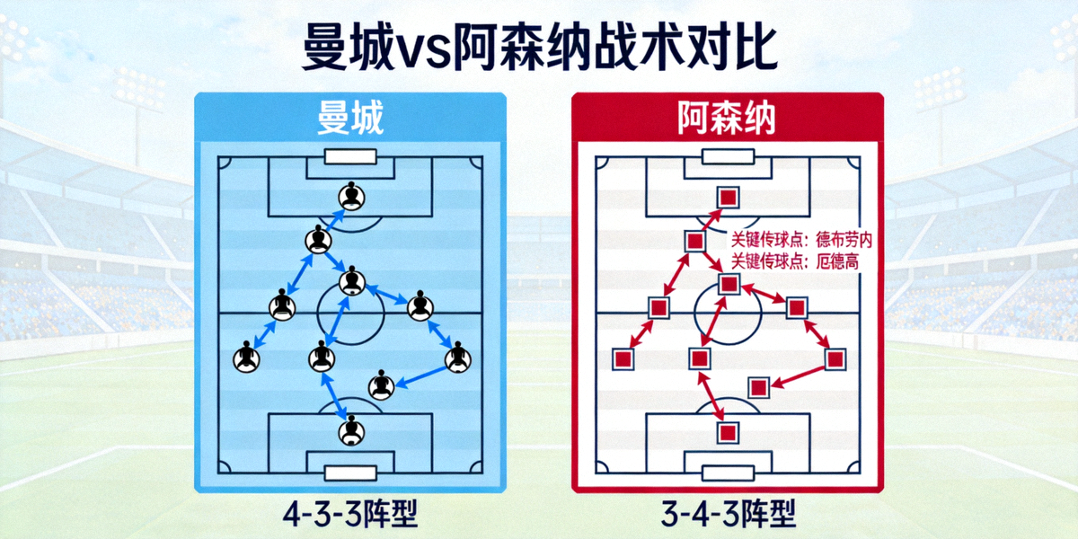 曼城与阿森纳战术板对比图，显示双方阵型站位与关键传球路线分析