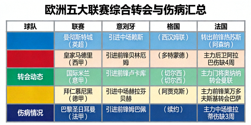 欧洲五大联赛综合转会与伤病汇总表格，包含各队关键信息